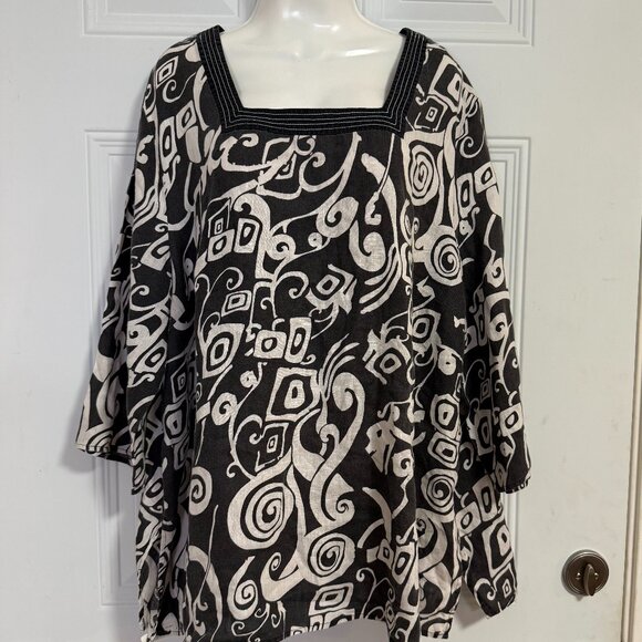 Black White Abstract Print Tunic Blouse Square Neck Oversized Boho Top - Picture 2 of 11